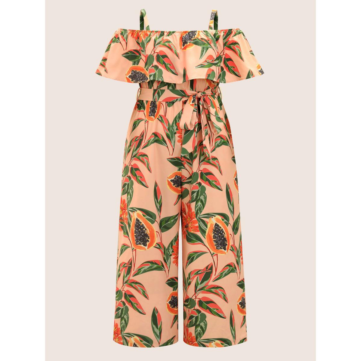 Plus Size Coral Citrus Fruit Print Belted Ruffle Trim Jumpsuit Women Resort Long Sleeve Non Vacation Loose Jumpsuits BloomChic 10/M Product Image