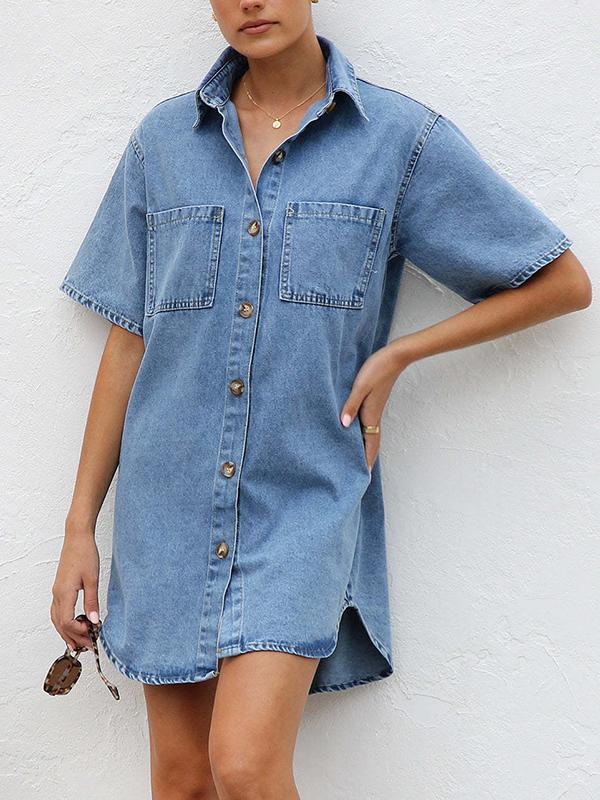 Loose Short Sleeves Split-Joint Lapel Mini Dresses Shirt Dress Product Image