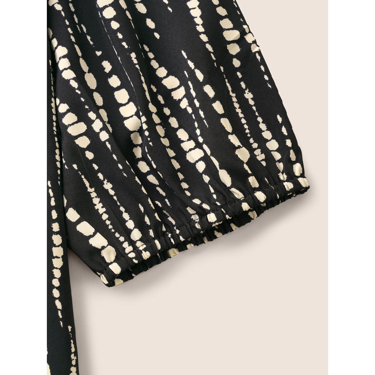 Plus Size Black Striped Lace Up Gathered Lantern Sleeve Blouse Women At the Office Elbow-length sleeve Shirt collar Work Blouses BloomChic 26/4X Product Image