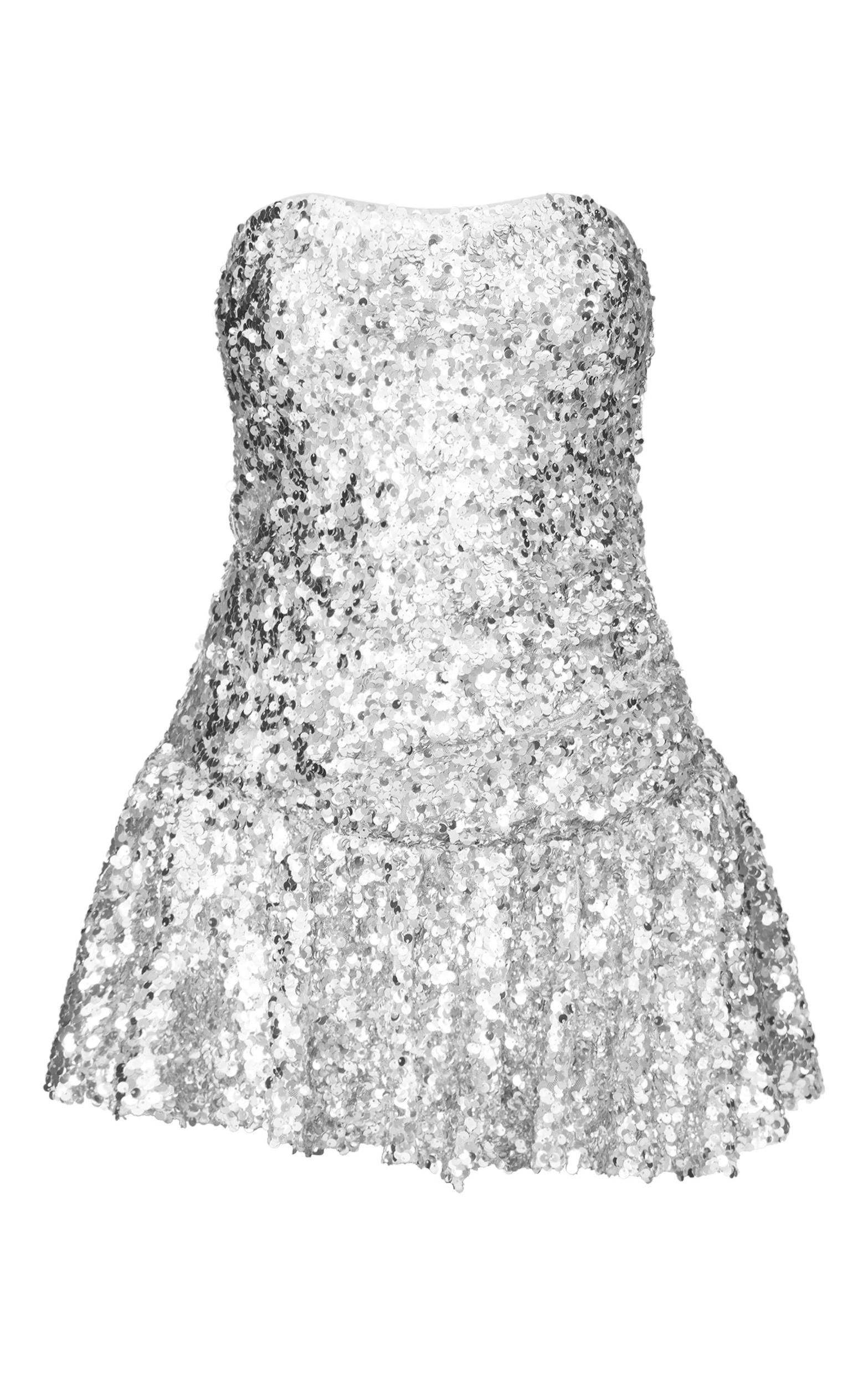 Silver Sequin Bandeau Pleated Skort Romper Product Image