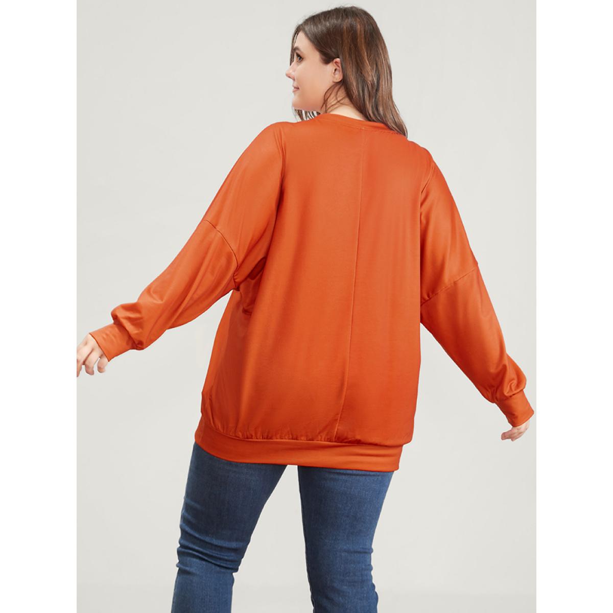 Plus Size Halloween Bat Print Round Neck Drop Shoulder Sweatshirt Women Orange Casual Printed Round Neck Festival-Halloween Sweatshirts BloomChic 30/6X Product Image