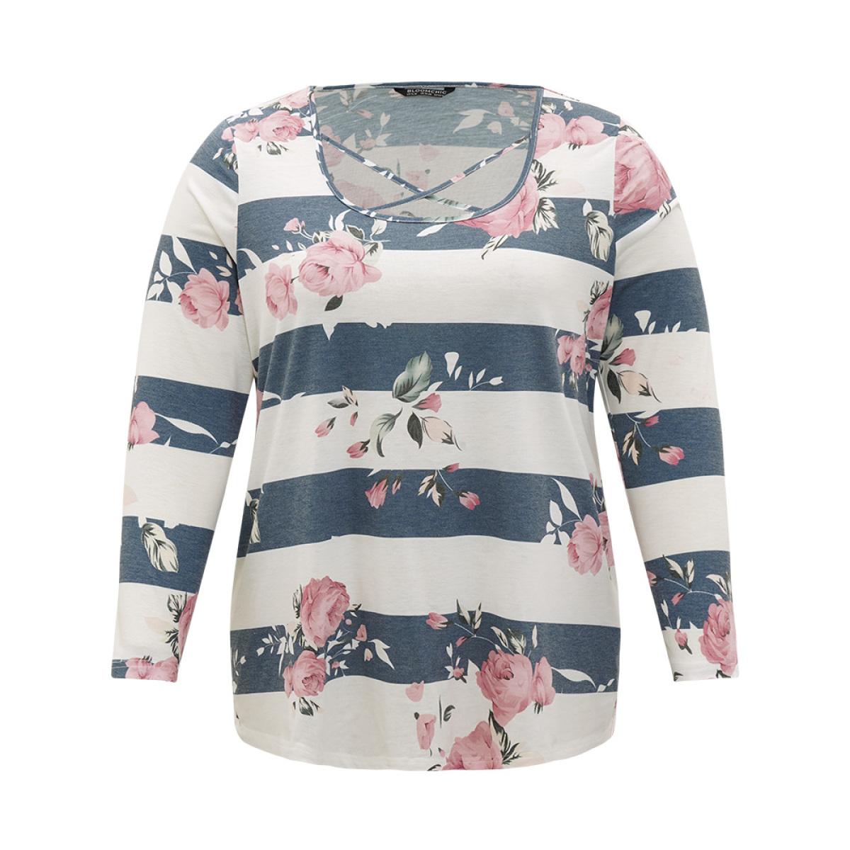 Plus Size Floral Striped Patchwork Crisscross T-shirt Indigo Women Casual Printed Striped Round Neck Dailywear T-shirts BloomChic 18-20/2X Product Image