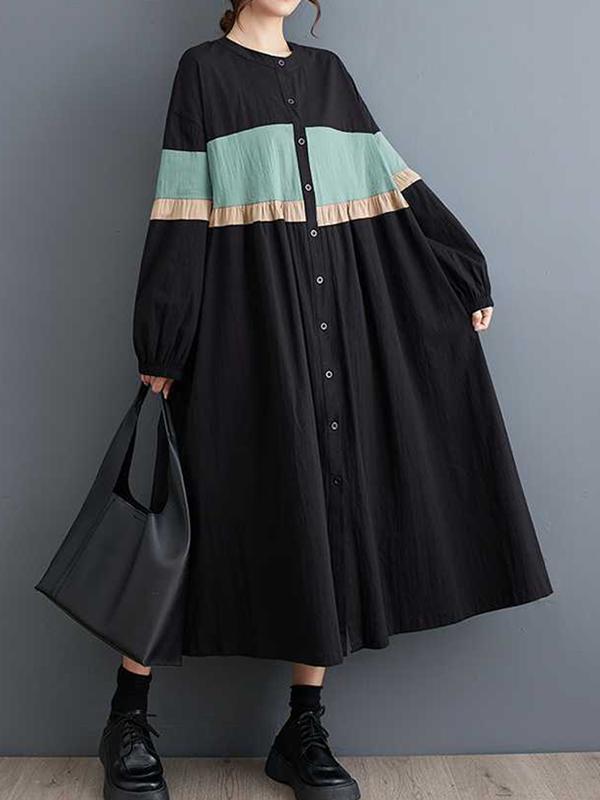 Long Sleeves Loose Buttoned Contrast Color Elasticity Split-Joint Round-neck Midi Dresses Product Image