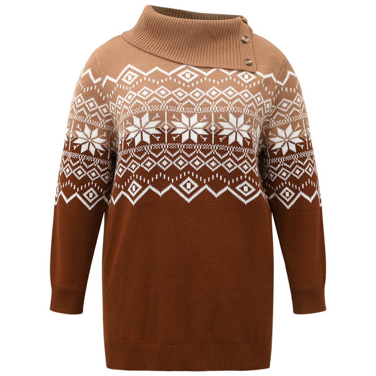 Plus Size Snowflake Print Button Detail Split Side Pullover Multicolor Women Casual Loose Long Sleeve Lapel Collar Festival-Christmas Pullovers BloomChic 22-24/3X Product Image