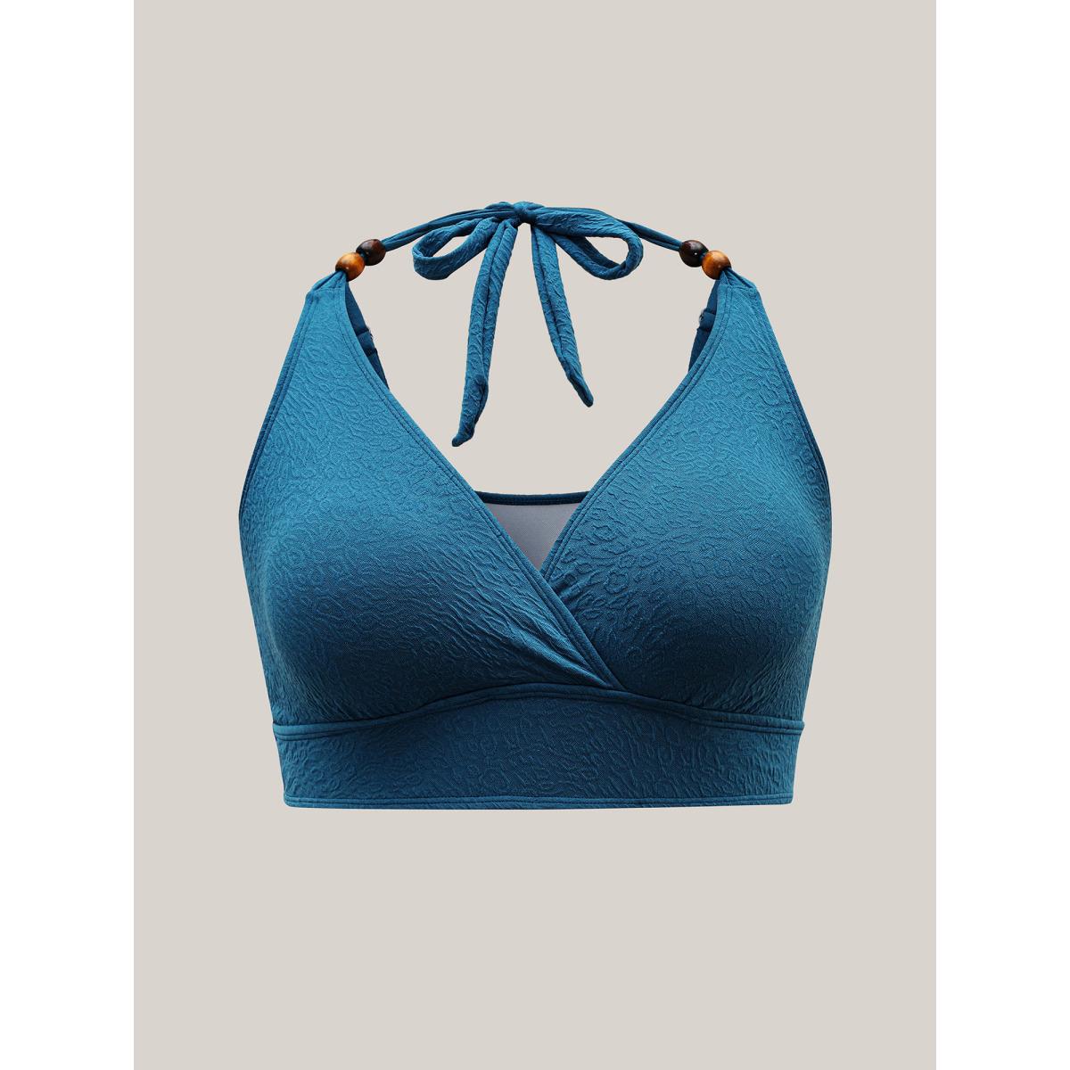 Plus Size Surplice Neck Textured Lace Swim Top Women's Swimwear Aegean Beach Tie knot High stretch Skinny Overlap Collar Curve Swim Tops BloomChic 26/4X Product Image