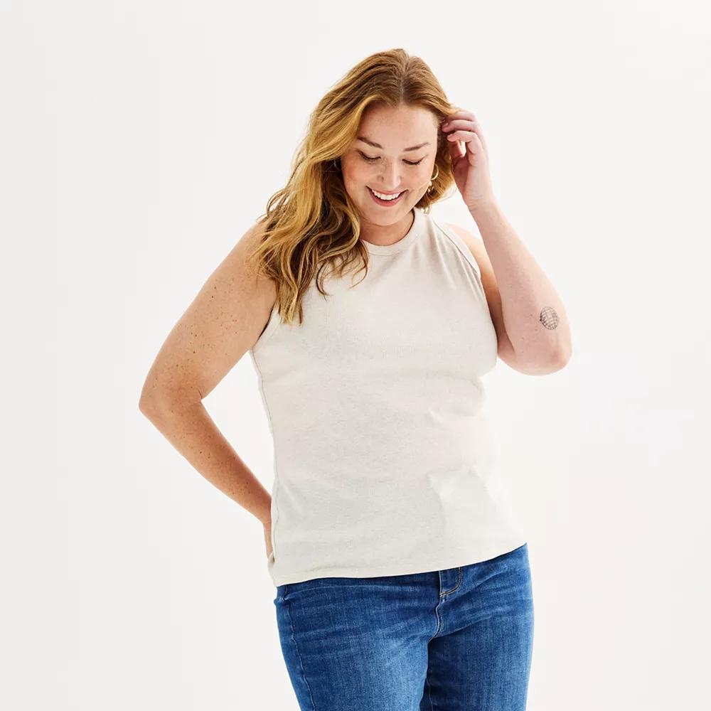 Plus Size Sonoma Goods For Life High Neck Ribbed Layering Tank Top, Womens Oat Grey Product Image
