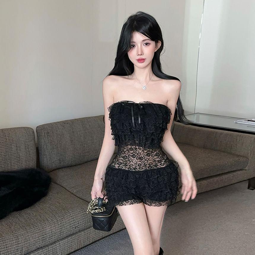Plain Bow Tiered Lace Tube Romper Product Image