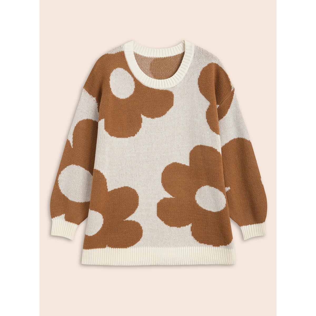 Plus Size Floral Jacquard Drop Shoulder Sleeve Pullover Apricot Women Casual Loose Long Sleeve Round Neck Everyday Pullovers BloomChic 14-16/1X Product Image