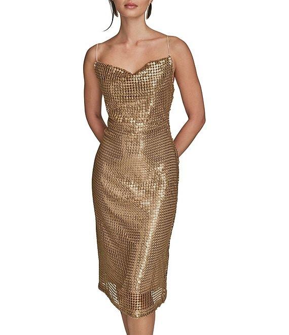 Donna Karan Gold Sequin Mesh Cowl Neck Sleeveless Midi Dress Product Image