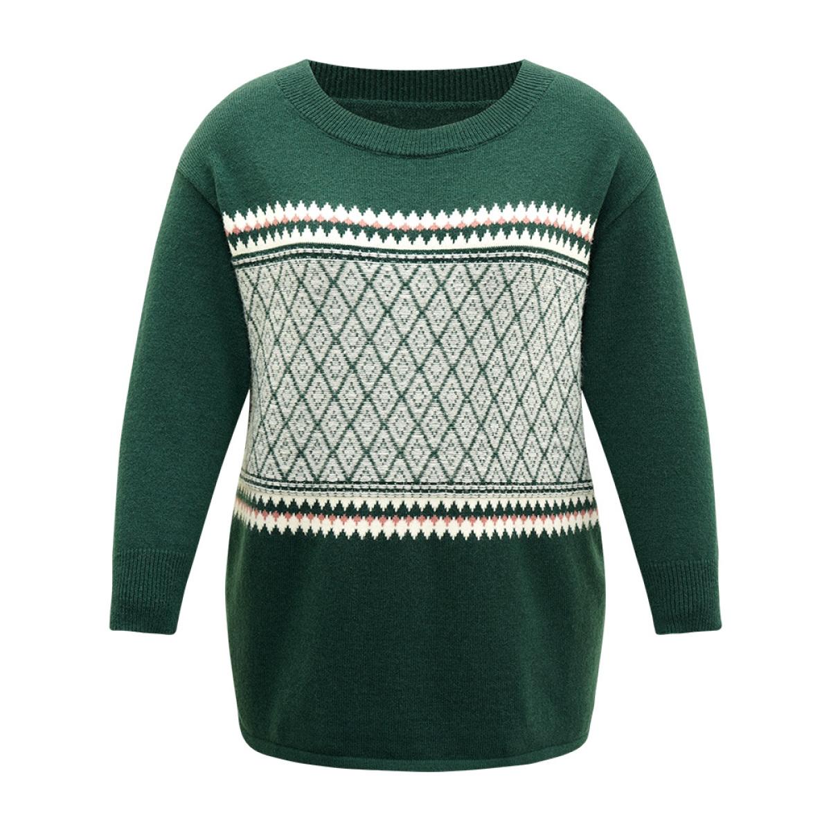 Plus Size Supersoft Essentials Round Neck Geometric Pullover DarkGreen Women Casual Loose Long Sleeve Round Neck Dailywear Pullovers BloomChic 12/L Product Image