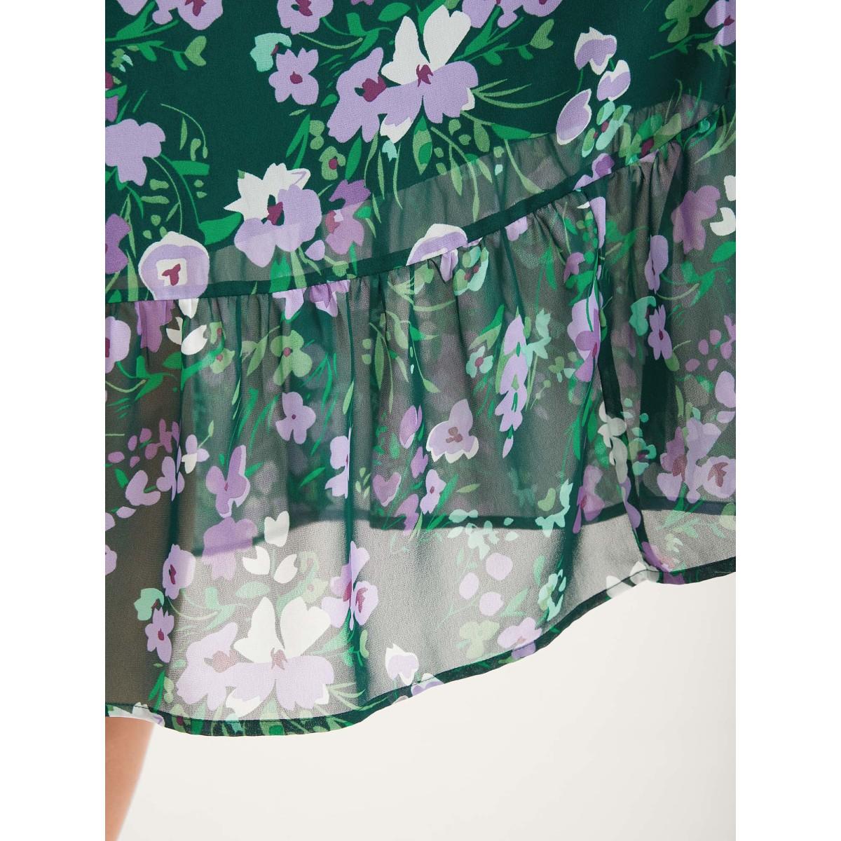 Plus Size Floral Chiffon Ruched Drawstring Midi Dress DarkGreen Women Romantic Heart neckline Short sleeve Curvy BloomChic 14-16/1X Product Image