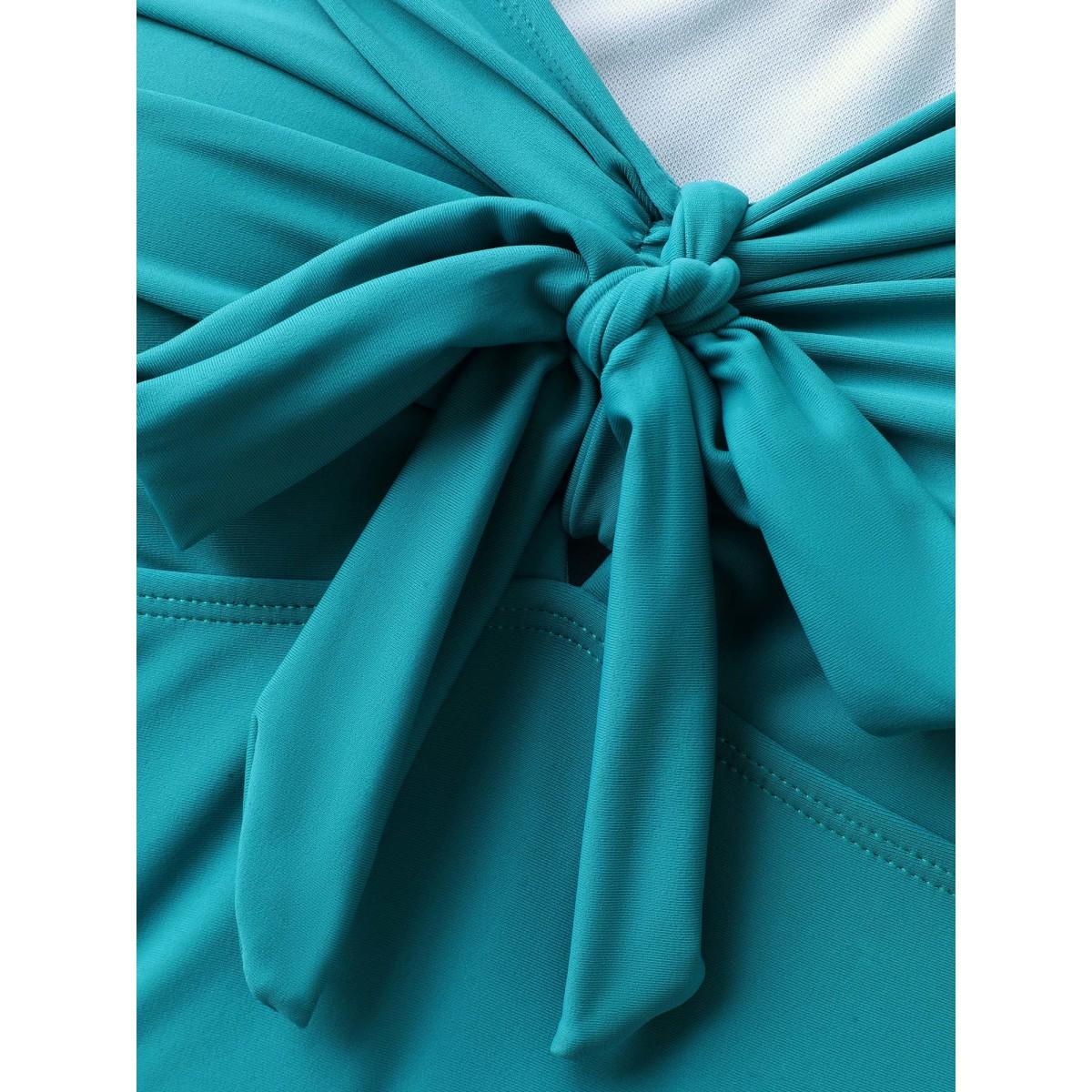Plus Size Knotted Bodice Flared Sleeve Swim Top Women's Swimwear Teal Resort Tie knot High stretch Skinny Heart neckline Curve Swim Tops BloomChic 26/4X Product Image