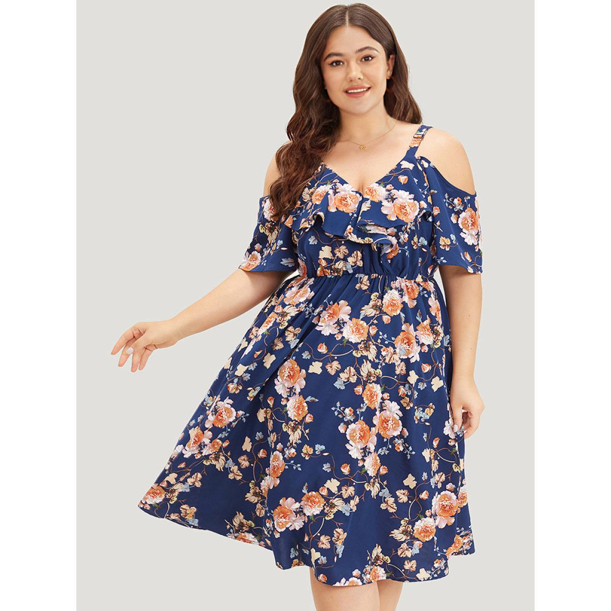 Plus Size Floral Print Ruffle Trim Elastic Waist Cold Shoulder Dress Indigo Women Elegant Adjustable Straps V-neck Short sleeve Curvy Midi Dress BloomChic 28/5X Product Image