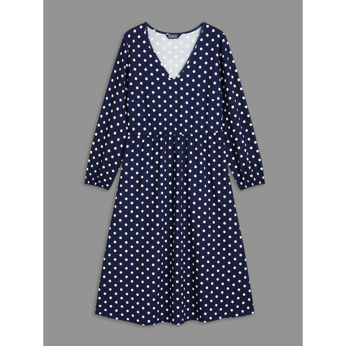 Plus Size V Neck Polka Dot Midi Dress DarkBlue Women Casual Non Knit Dresses Bloomchic 30/6X Product Image