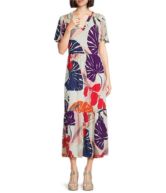 Nurture Leaf Print Short Flutter Sleeve V-Neck A-Line Maxi Dress Product Image