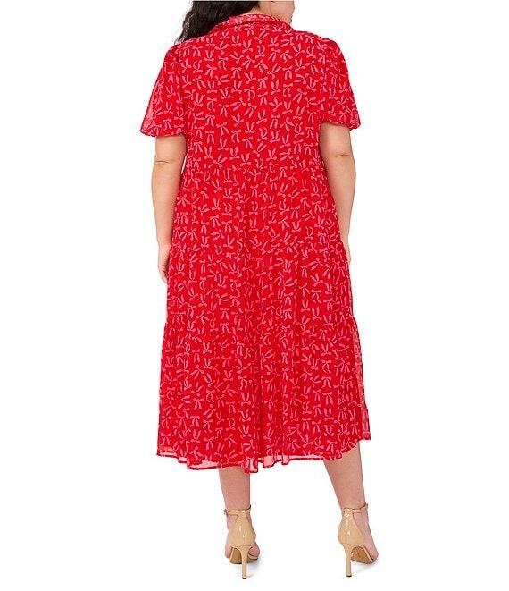 CeCe Plus Size Gauze Chiffon Bow Print Point Collar Short Sleeve Tiered Midi Dress Product Image
