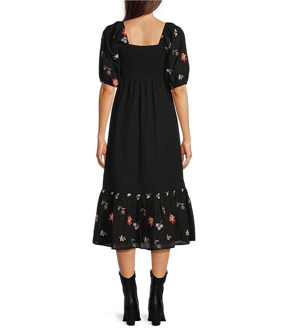 Reba Woven Mesh Floral Embroidery Square Neck 3/4 Puff Sleeve Tiered A-Line Midi Dress Product Image