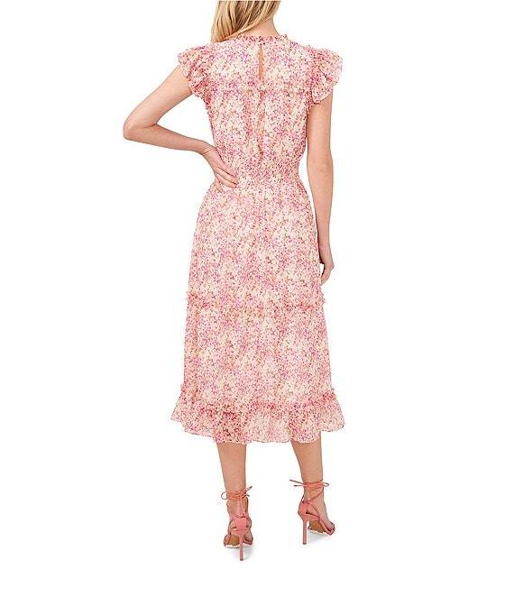 CeCe Floral Print Ruffle Round Neck Flutter Sleeve Smocked Midi A-Line Dress Product Image