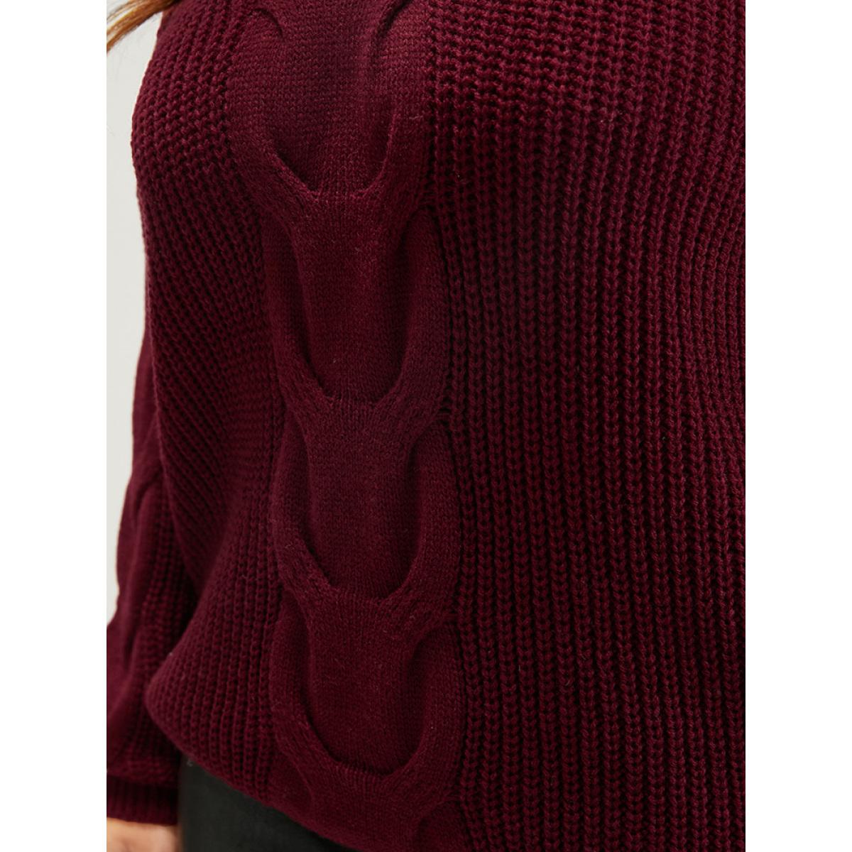 Plus Size Solid Pointelle Knit V Neck Cable Knit Top Scarlet Women Elegant Loose Long Sleeve V-neck Dailywear Pullovers BloomChic 26/4X Product Image