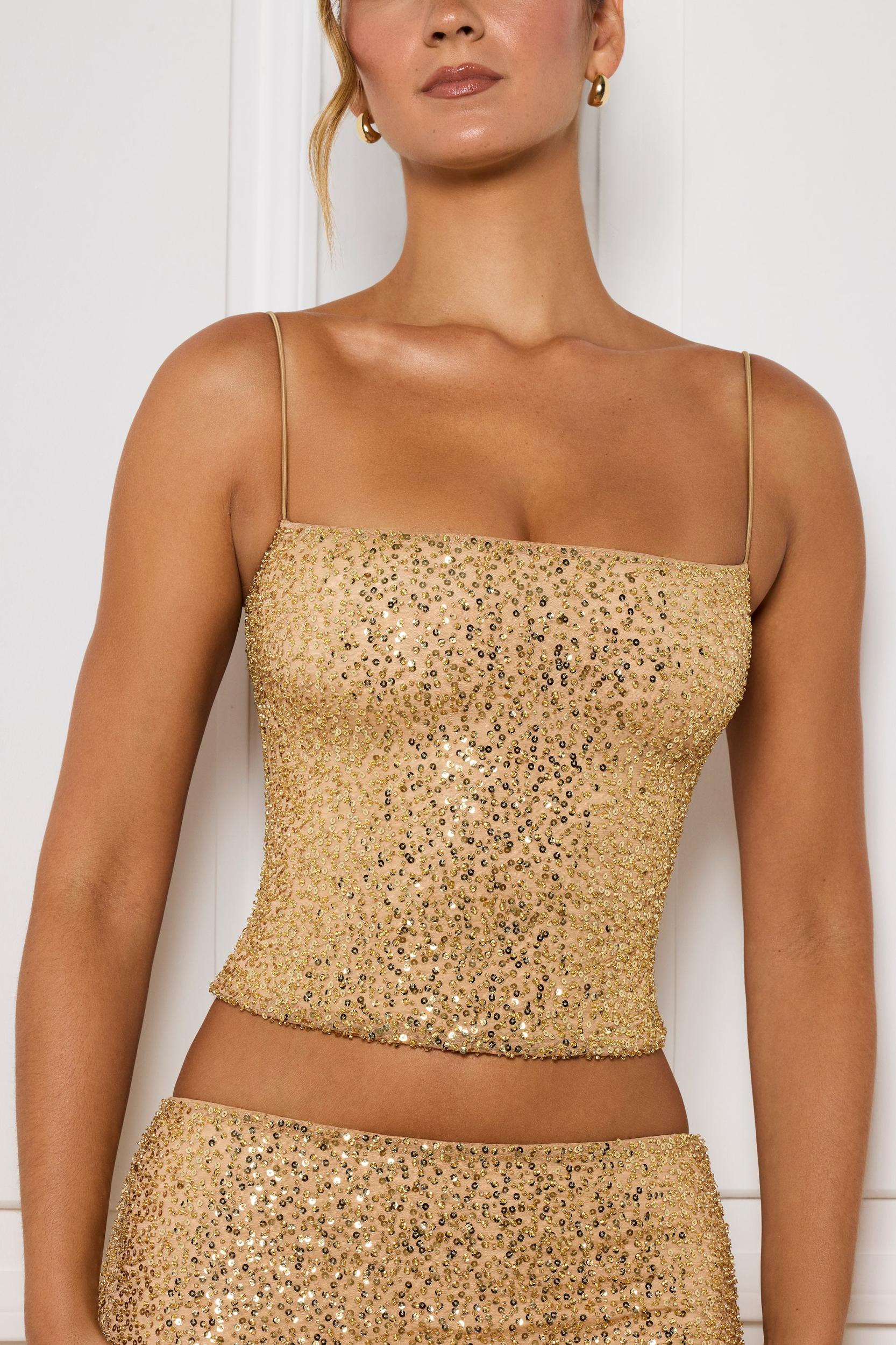 Embellished Square-Neck Top in Gold Product Image