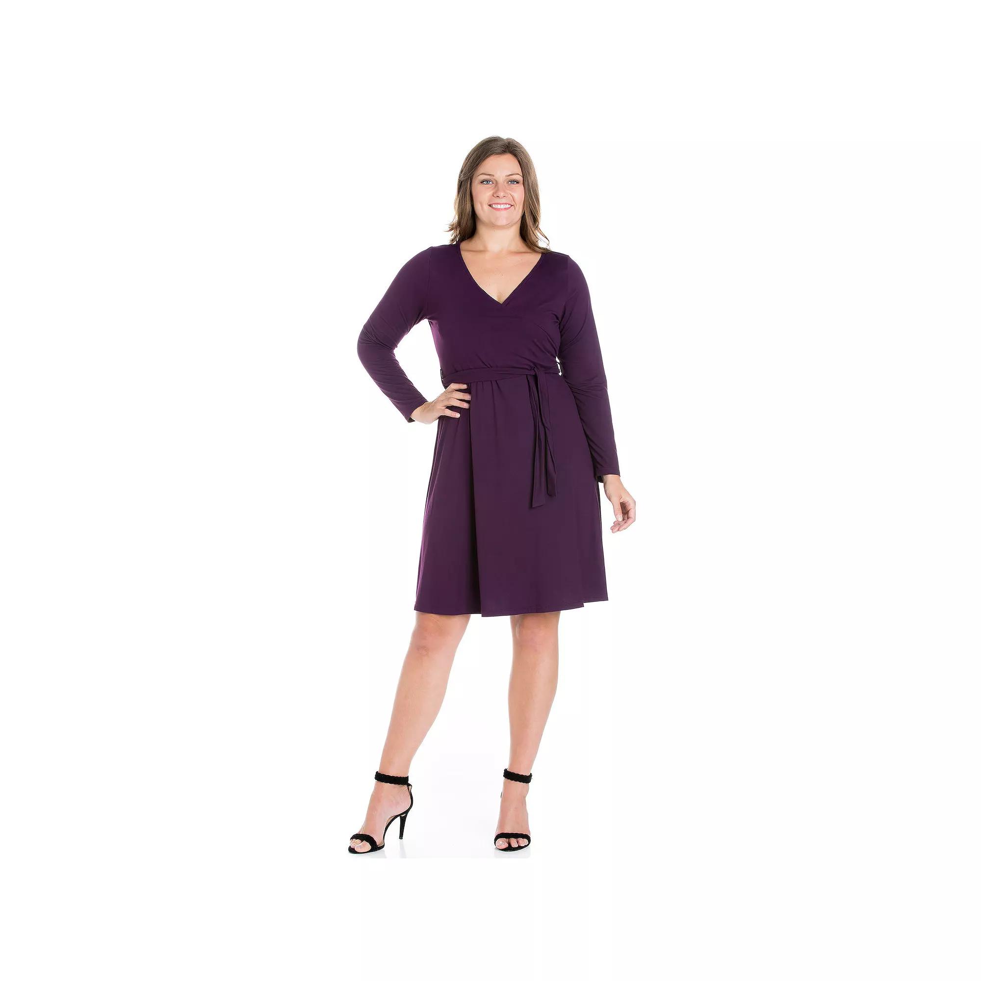 Plus Size 24seven Comfort Apparel Chic V-Neck Long Sleeve Belted Dress, Women's, Size: 1XL, Purple Product Image
