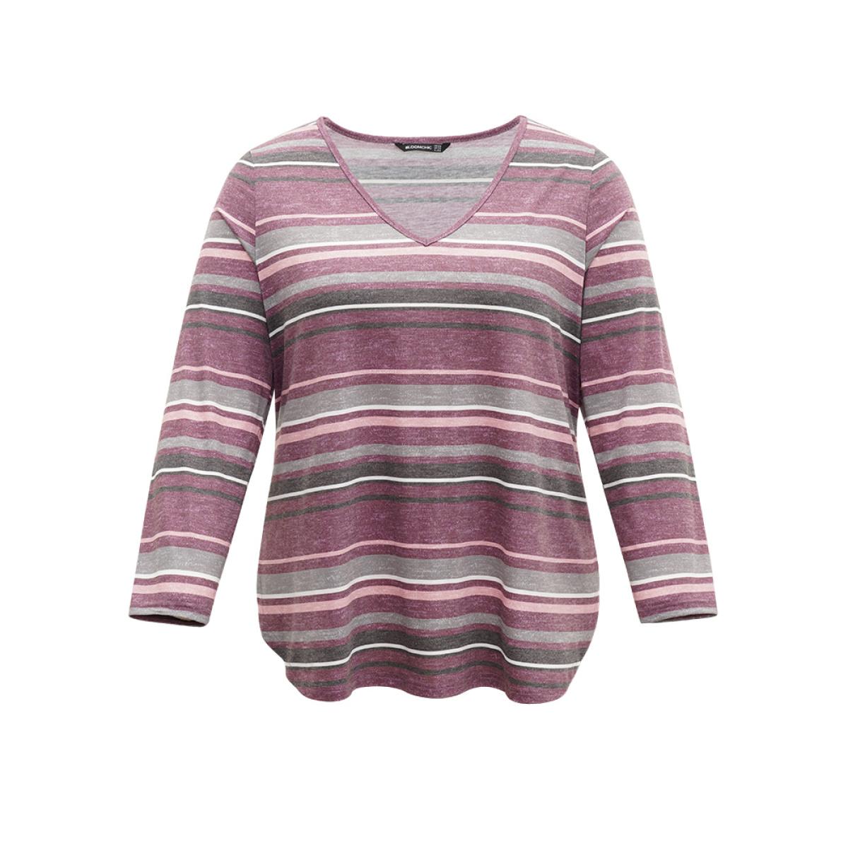 Plus Size Striped Contrast Heather Arc Hem T-shirt Multicolor Women Casual Heather Striped V-neck Everyday T-shirts BloomChic 14-16/1X Product Image
