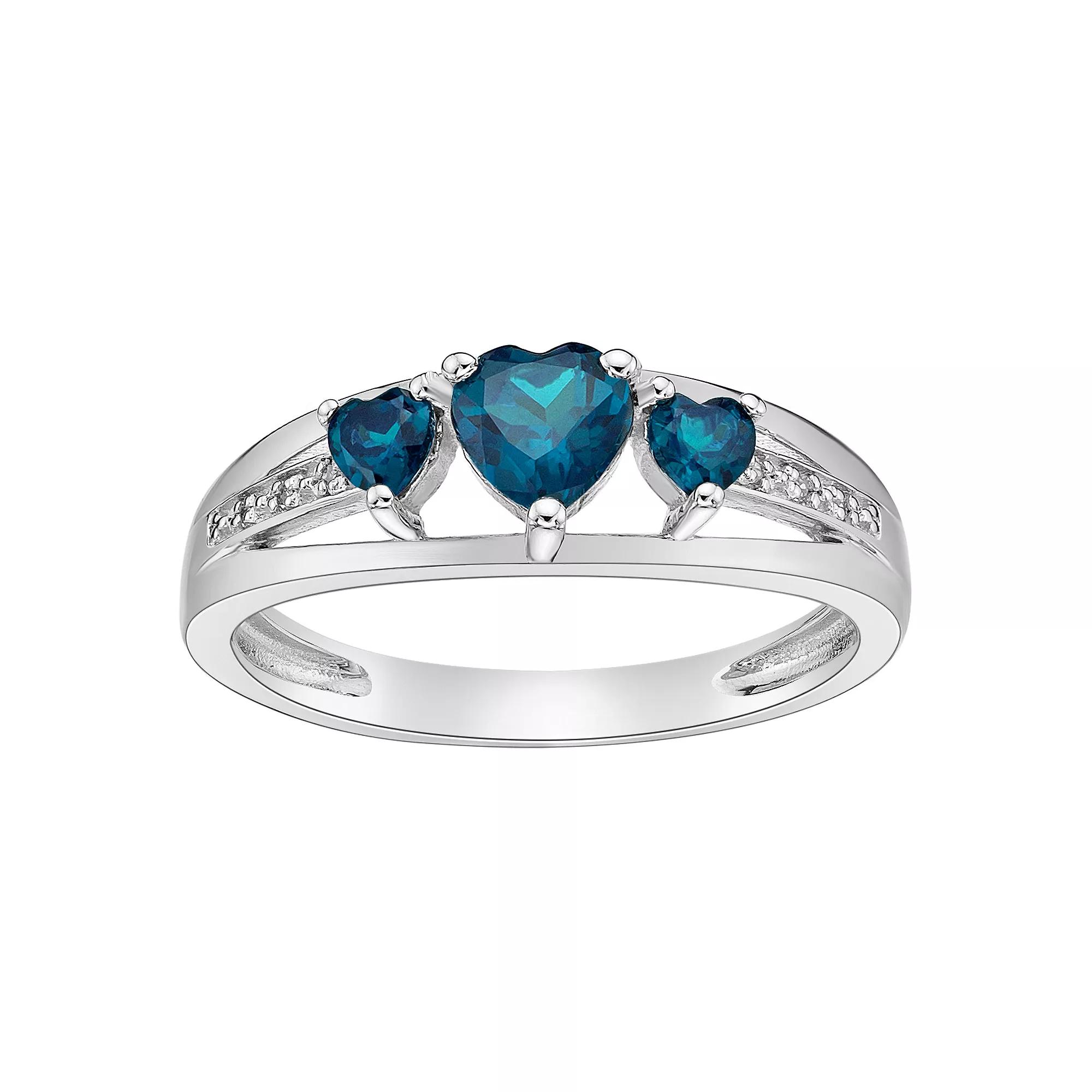 Gemminded Sterling Silver Heart-Cut London Blue Topaz & Diamond Accent 3-Stone Ring, Women's, Size: 6 Product Image