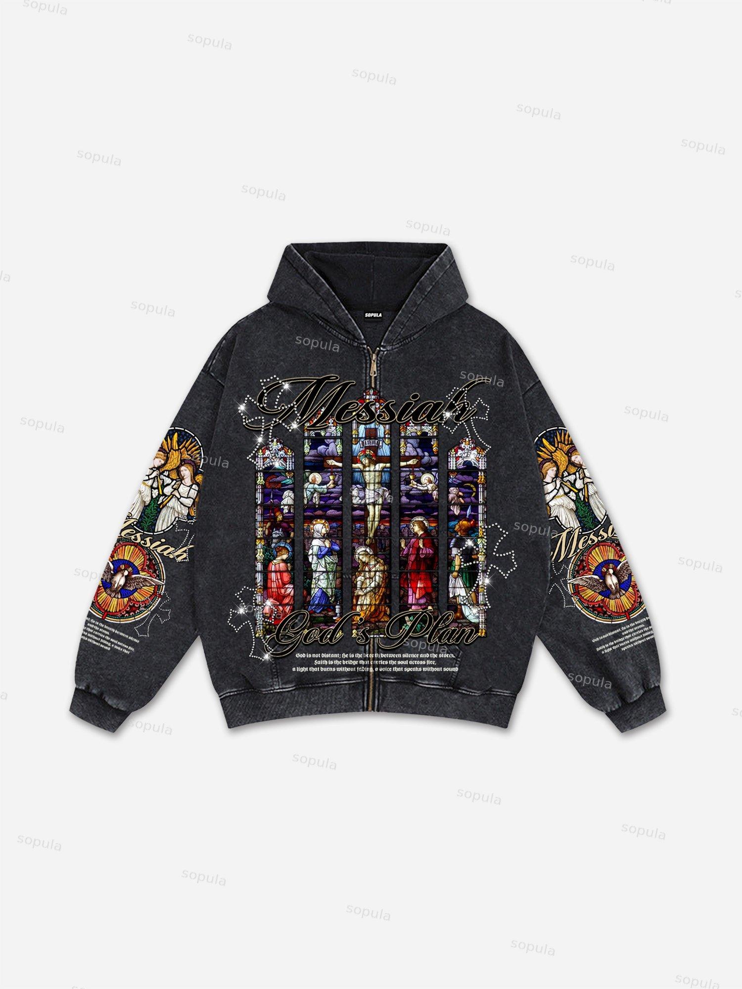 Passion Of Christ Vintage Church Window Stained Glass Graphic Washed Oversized Zip Up Hoodie Product Image