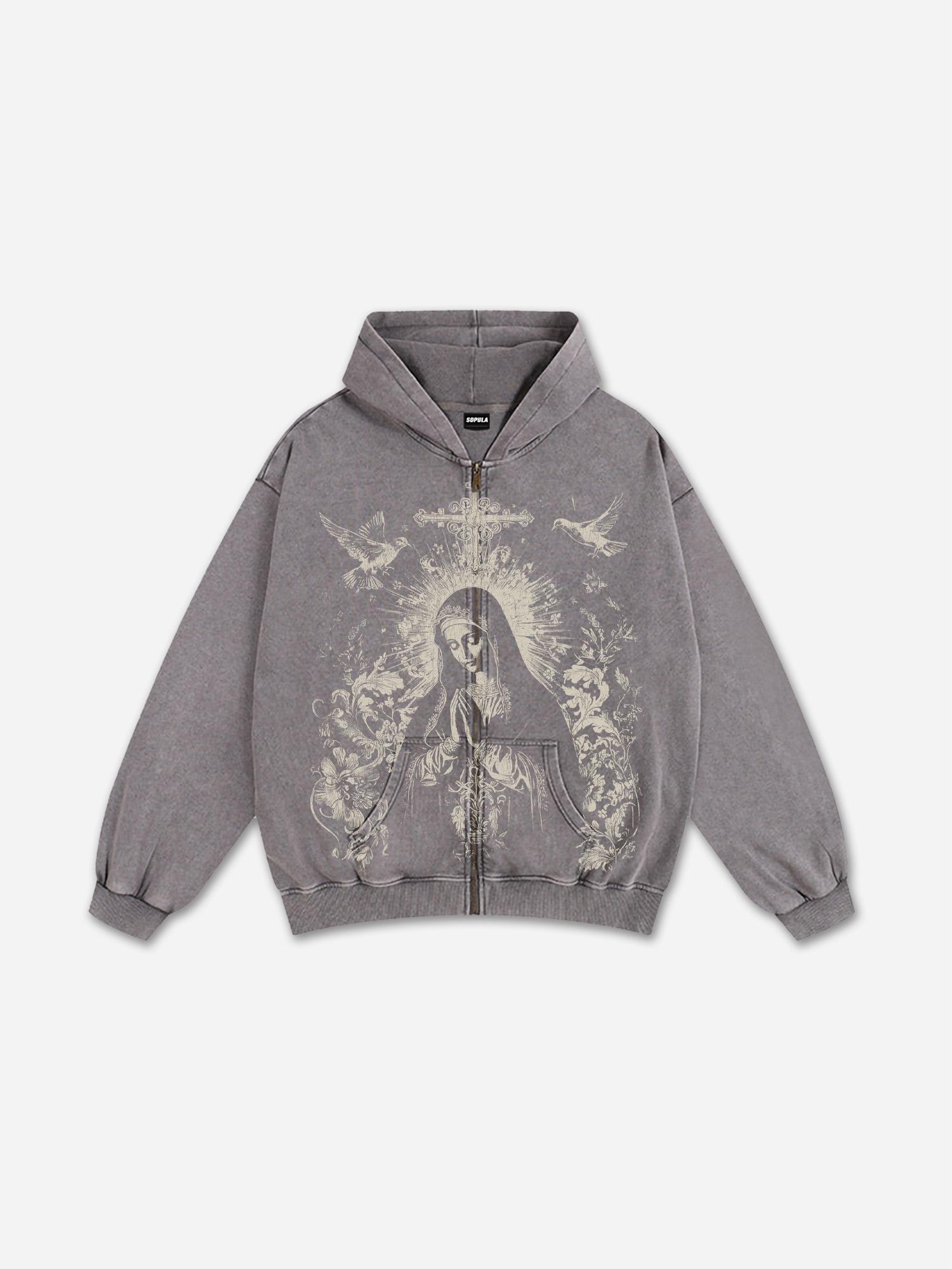 Sopula Virgin Mary Praying Vintage Graphic Washed Oversized Zip Up Hoodie Product Image