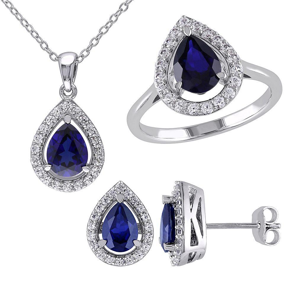 Stella Grace Sterling Silver Lab-Created Blue & White Sapphire Teardrop Pendant, Ring & Earring Set, Women's, Size: 9 Product Image