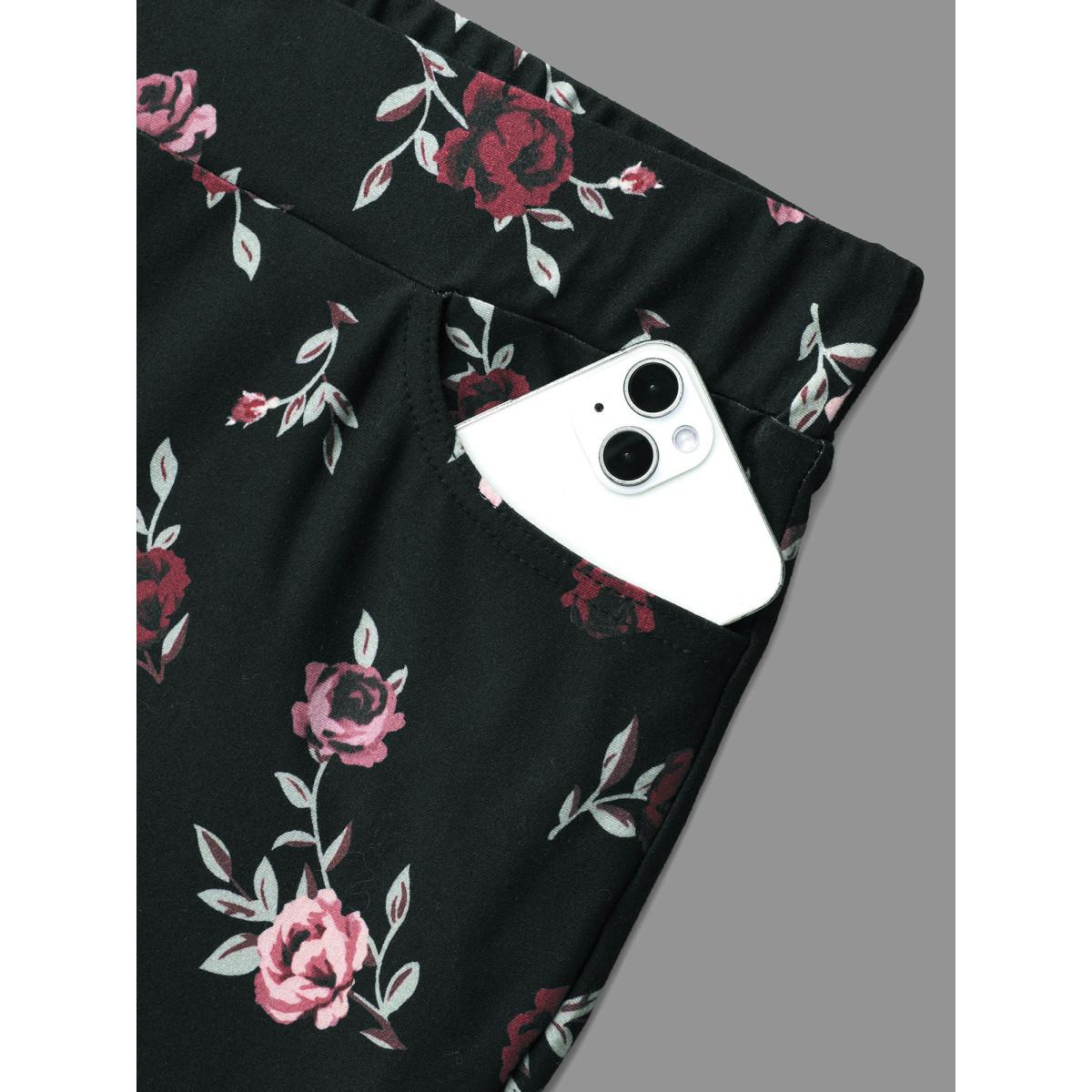 Plus Size Floral Mid-Rise Bootcut Pants Women BlackFlower Elegant High stretch Bootcut Mid Rise Everyday Leggings BloomChic 10/M Product Image