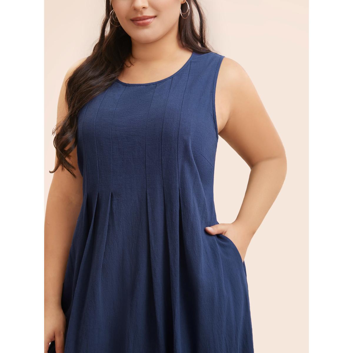 Plus Size Crew Neck Pleated Tank Dress Indigo Women Casual Pleated Round Neck Sleeveless Curvy BloomChic 18-20/2X Product Image