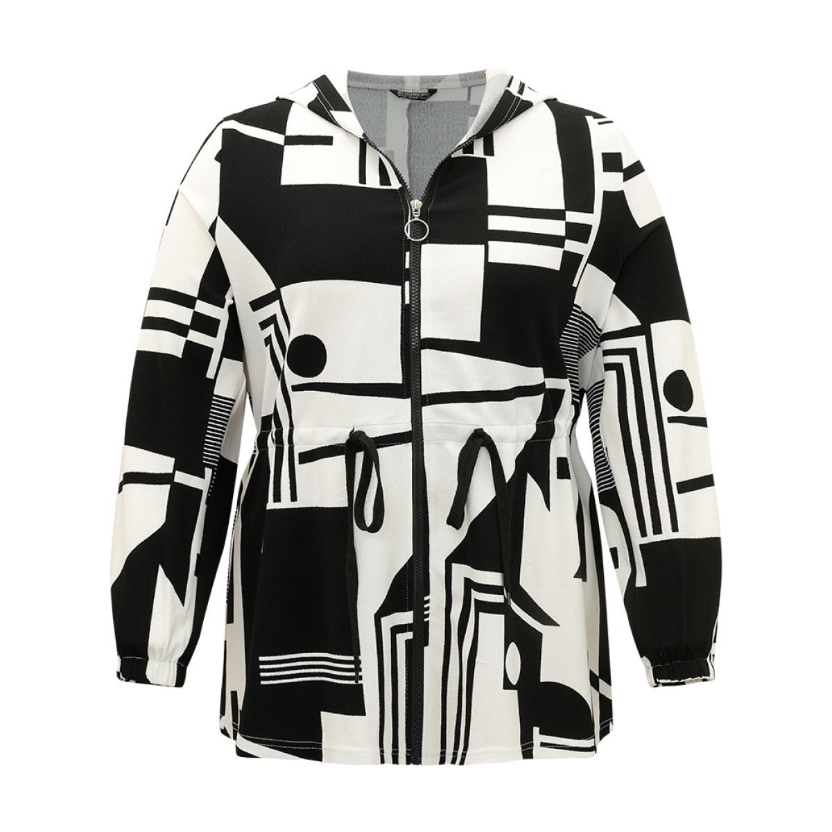 Plus Size Halloween Geometric Print Drawstring Zipper Hooded Knot Jacket Women Black Zipper Dailywear Jackets BloomChic 14-16/1X Product Image