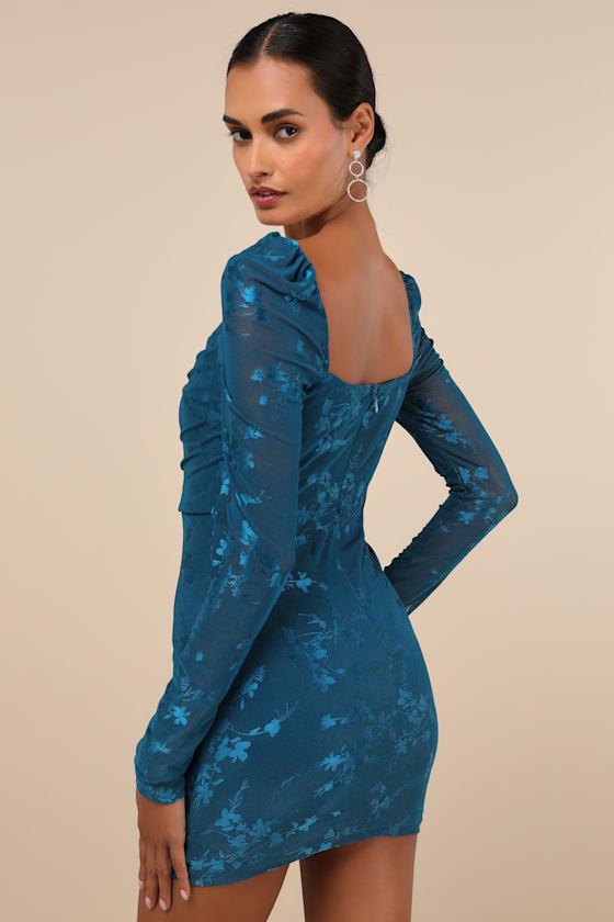 Sultry Occasion Dark Teal Mesh Floral Long Sleeve Mini Dress Product Image