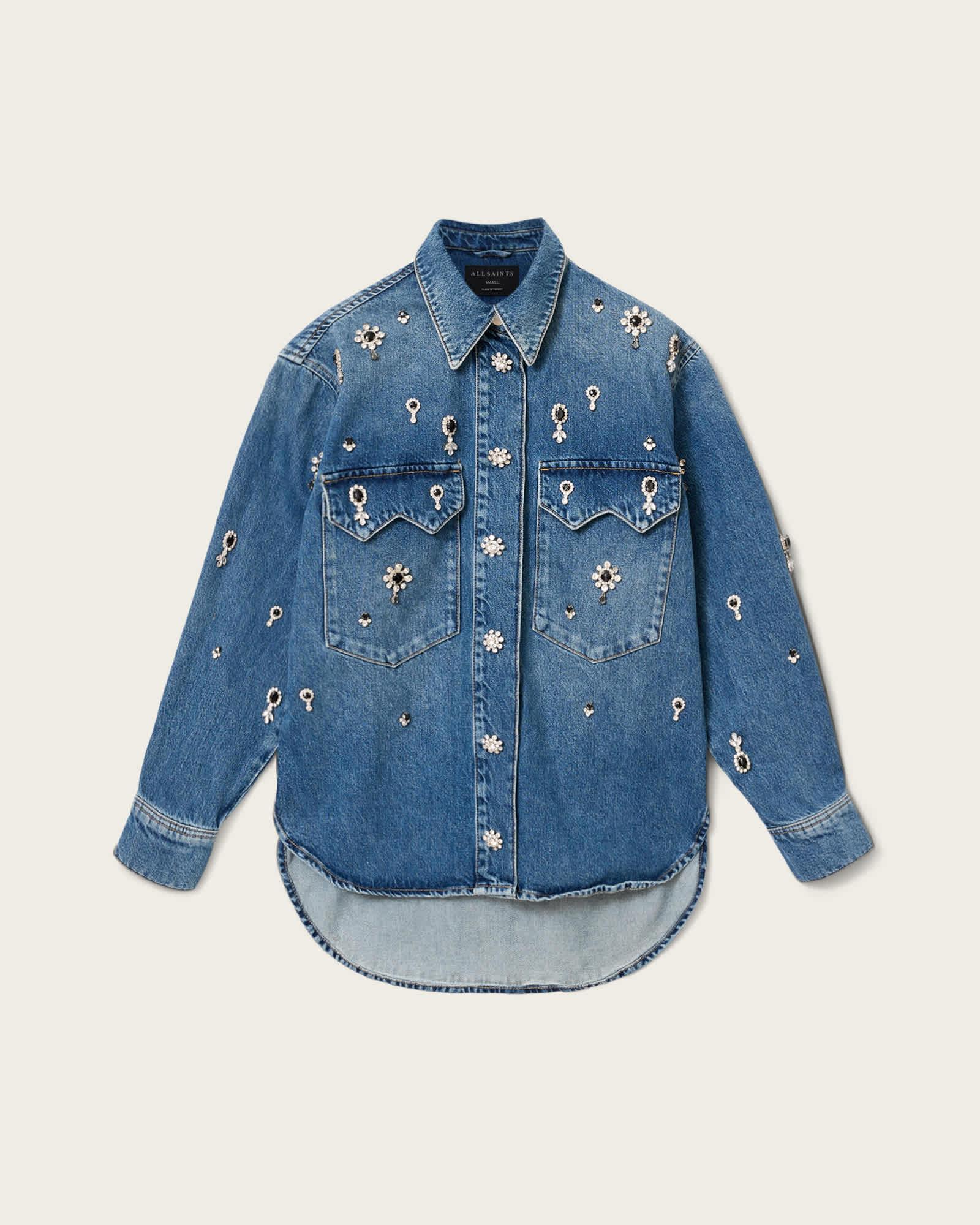 Enna Embellished Denim Shirt Vintage Indigo | ALLSAINTS US Product Image