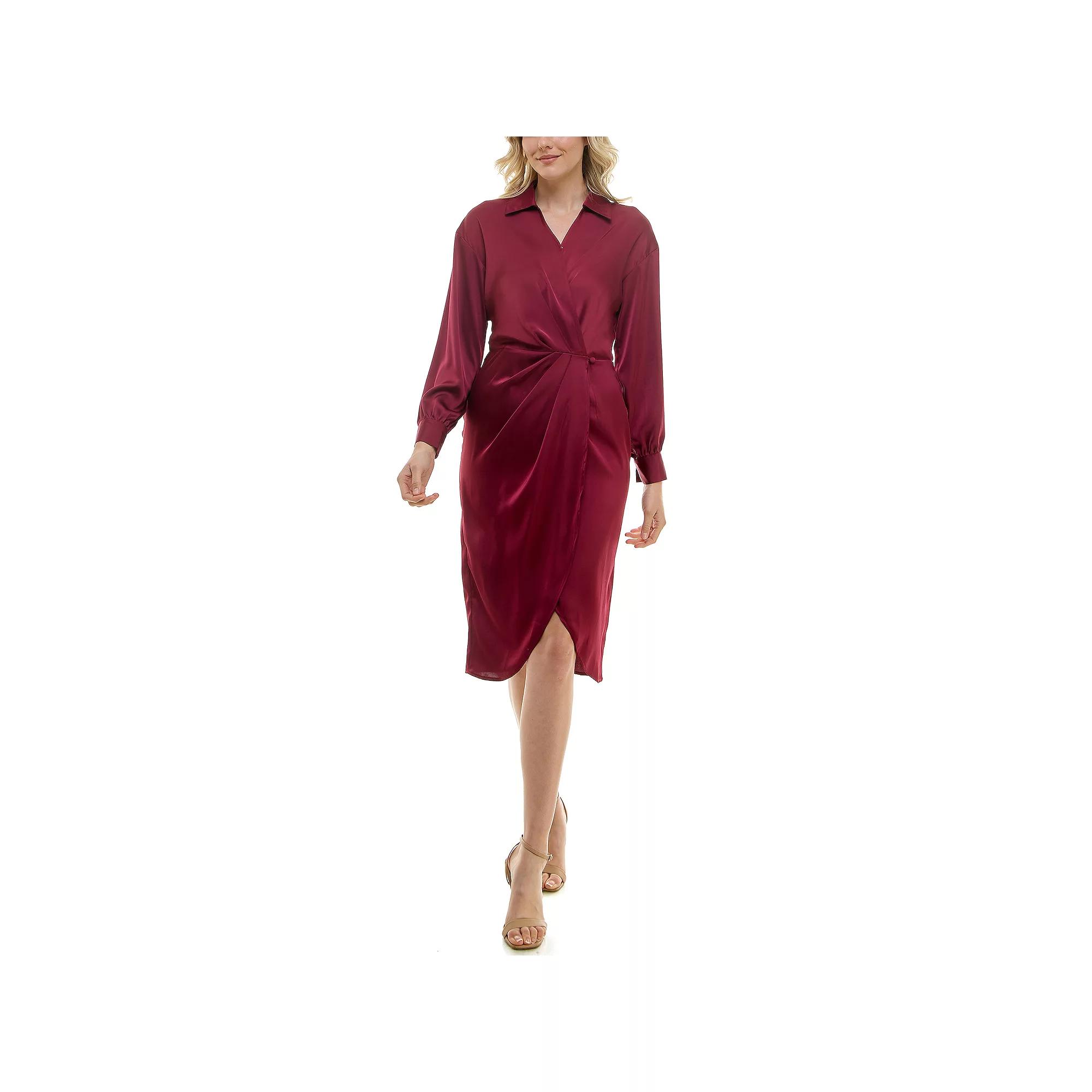 Women's Nicole Miller Faux Wrap Satin Shirt Dress, Size: 4, Rich Red Product Image