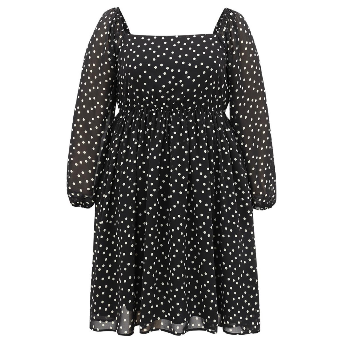 Plus Size Polka Dot Square Neck Gathered Lantern Sleeve Dress Black Women Casual Elastic cuffs Square Neck Long Sleeve Curvy Midi Dress BloomChic 12/L Product Image
