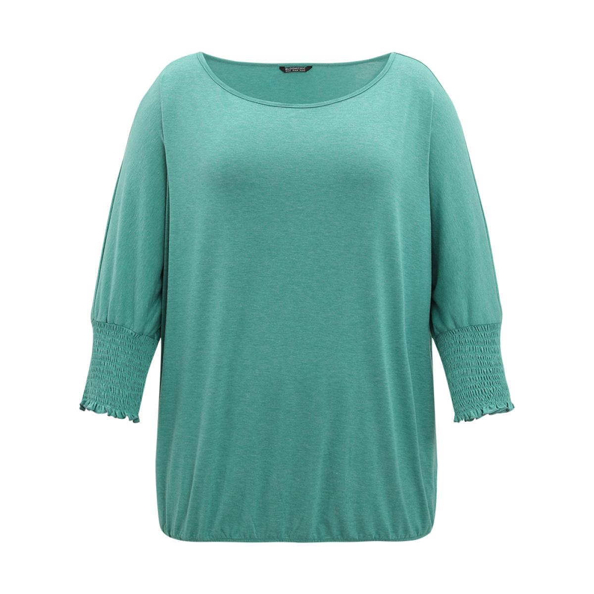 Plus Size Solid Heather Shirred Batwing Sleeve T-shirt Emerald Women Elegant Shirred Plain Round Neck Dailywear T-shirts BloomChic 26/4X Product Image