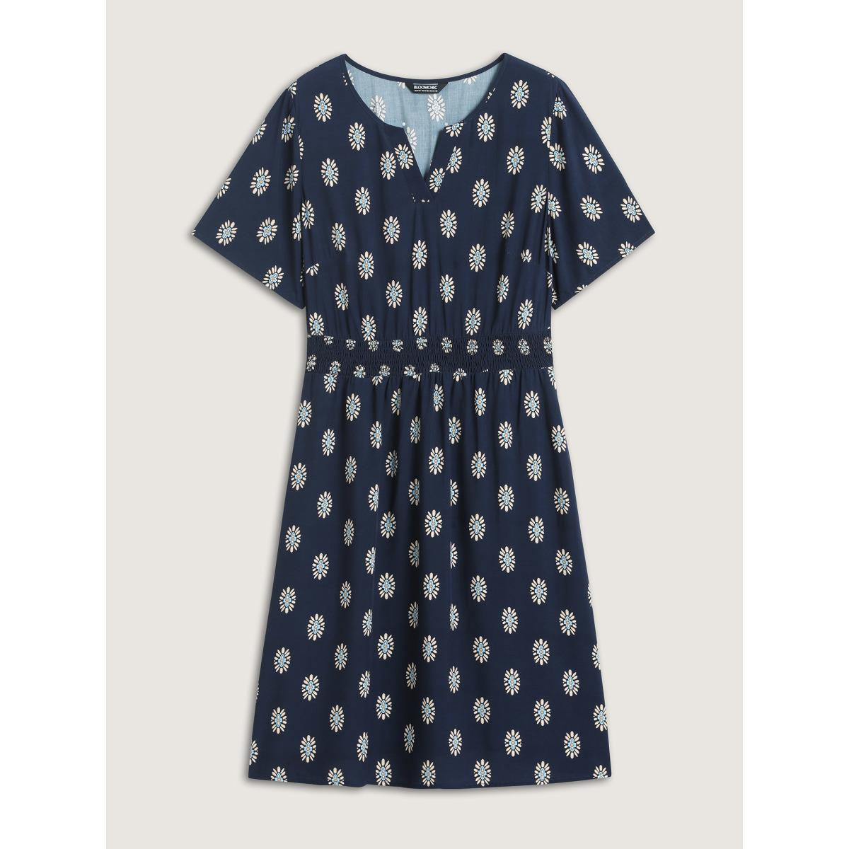 Plus Size Rayon Geometric Floral Print Shirred Midi Dress DarkBlue Women Office Notched collar Short sleeve Curvy BloomChic 18-20/2X Product Image