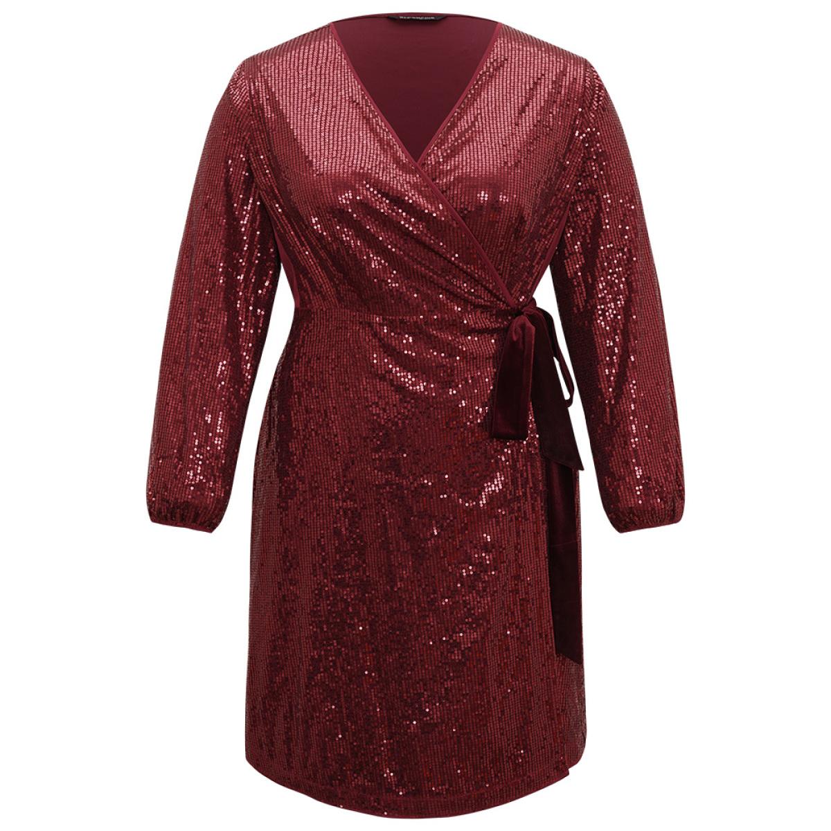 Plus Size Sequin Ties Side Surplice Neck Lantern Sleeve Dress Scarlet Women Cocktail Elastic cuffs V-neck Long Sleeve Curvy Knee Dress BloomChic 10/M Product Image