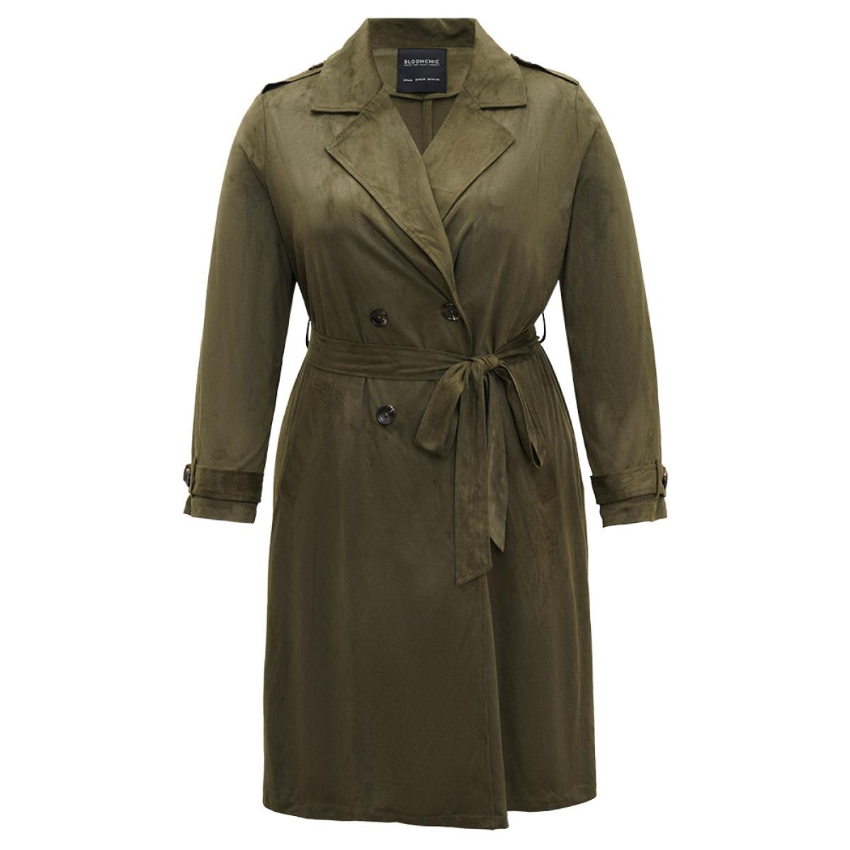 Plus Size Plain Lapel Collar Pocket Belted Faux Suede Coat Women ArmyGreen Casual Plain Ladies Dailywear Winter Coats BloomChic 14-16/1X Product Image