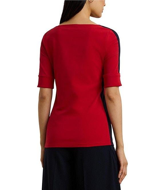 Lauren Ralph Lauren Petite Size Ribbed Knit Stretch Cotton Boat Neck Short Sleeve Two-Tone Top Product Image