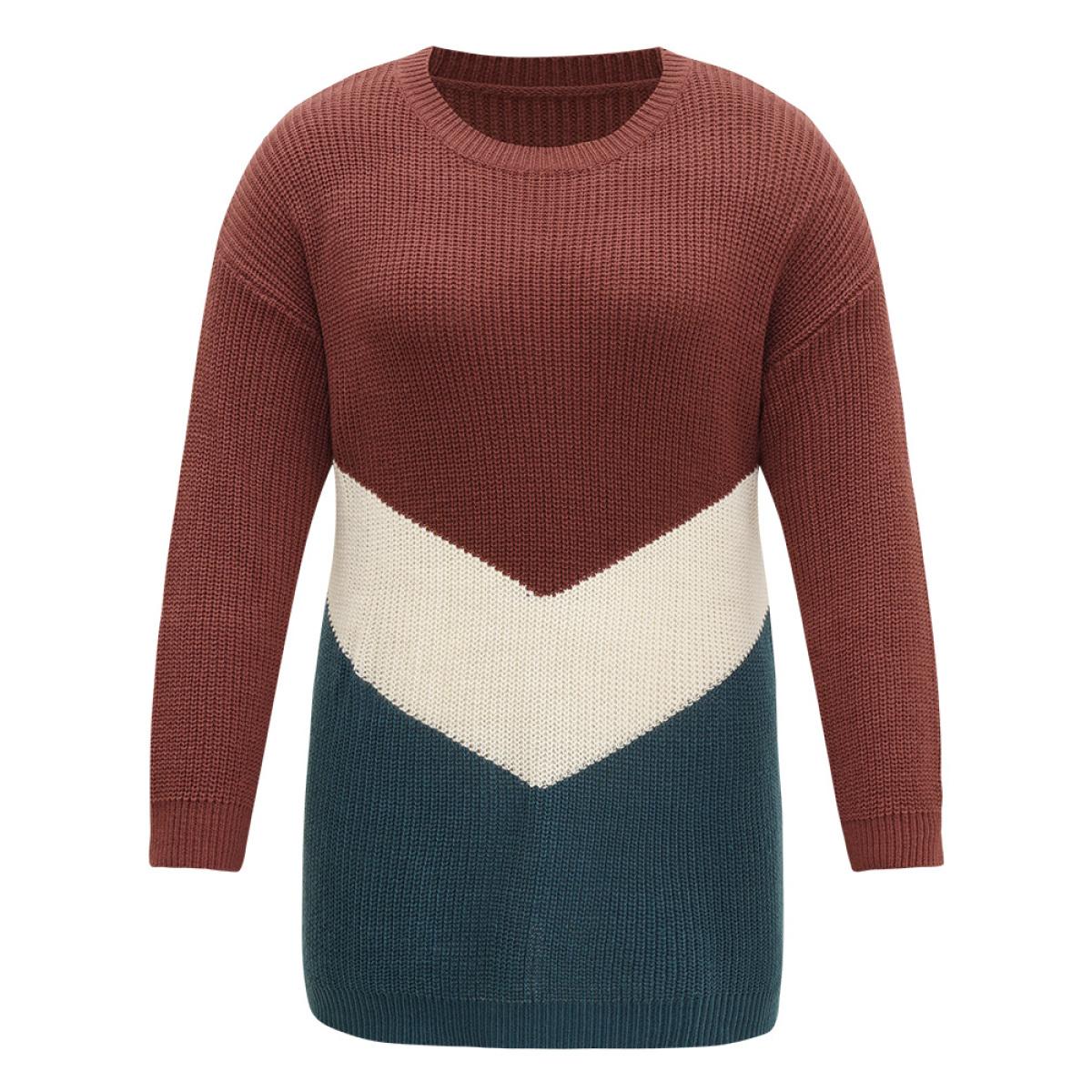 Plus Size Colorblock Contrast Elastic Cuffs Pullover Multicolor Women Casual Loose Long Sleeve Round Neck Dailywear Pullovers BloomChic 12/L Product Image