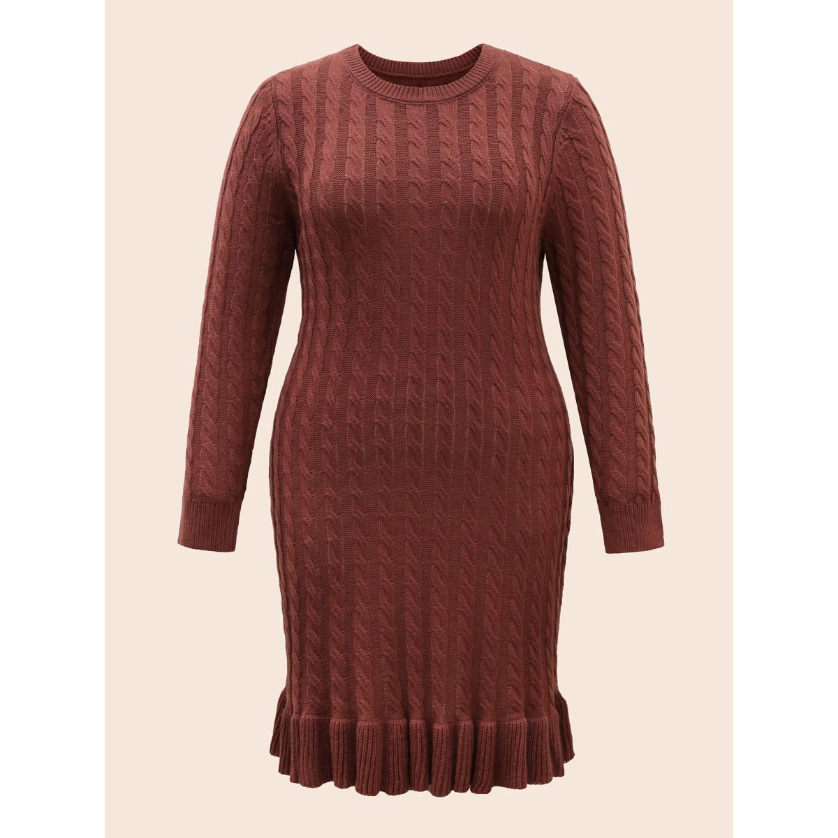Plus Size Round Neck Cable Knit Ruffle Trim Sweater Dress DustyPink Women Resort Bodycon Long Sleeve Vacation Sweater Dresses BloomChic 10/M Product Image