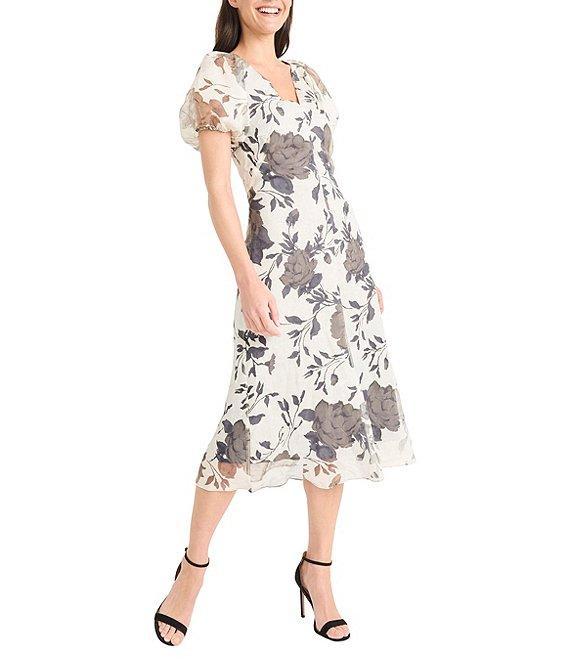 Maggy London Short Puffed Sleeve V-Neck Floral Print Fit And Flare Midi Dress Product Image
