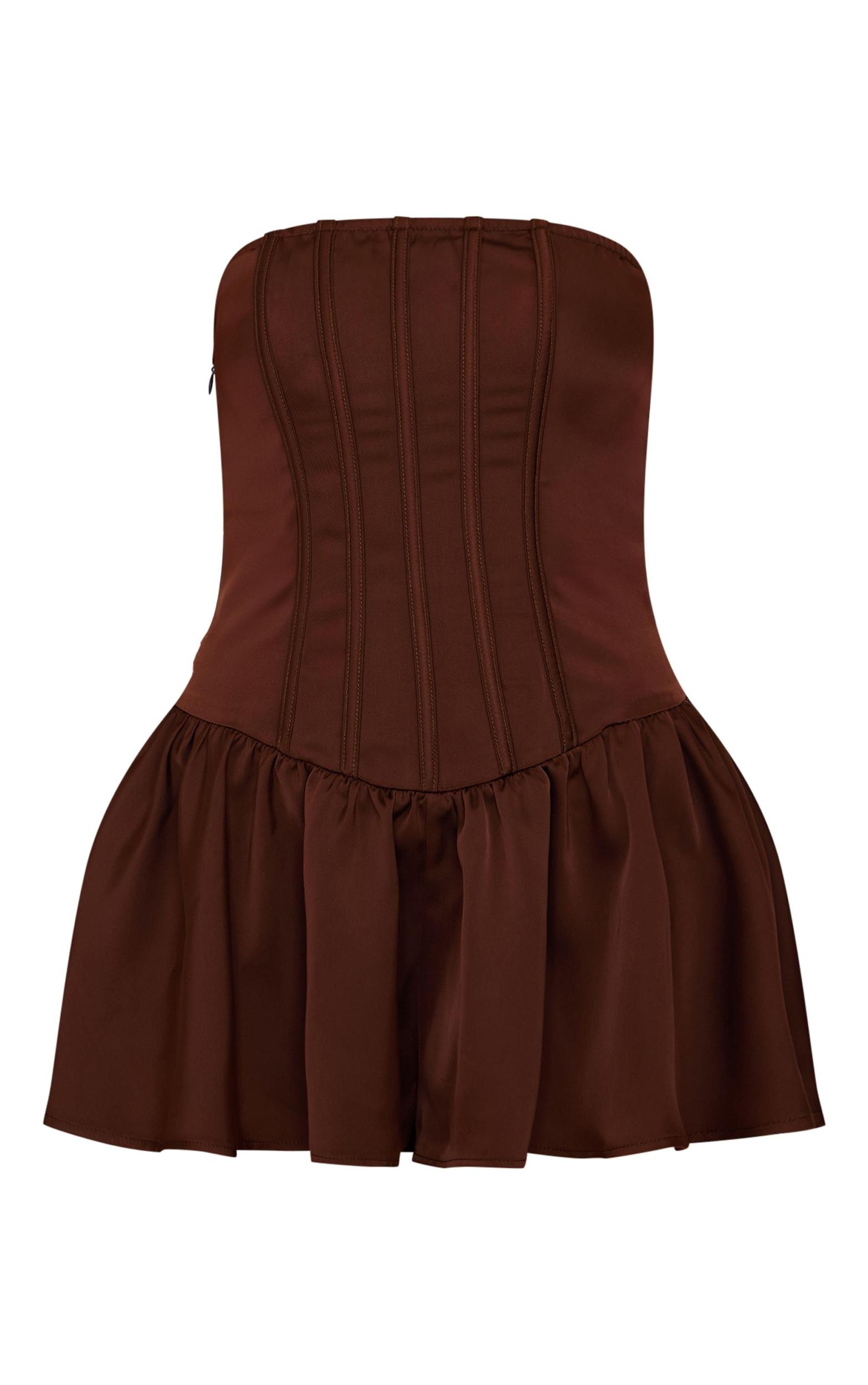 Chocolate Satin Corset Detail Bandeau Romper Product Image