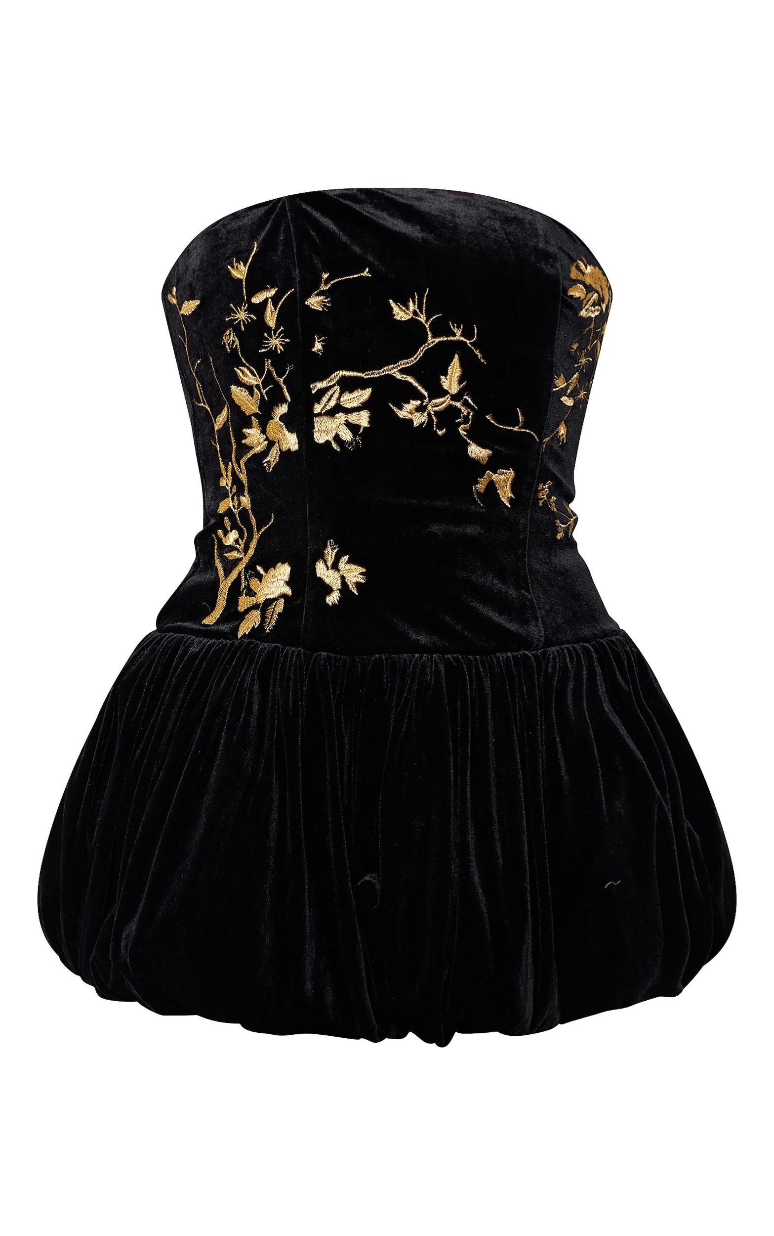 Black Velvet Embroidered Detail Puffball Dress Product Image