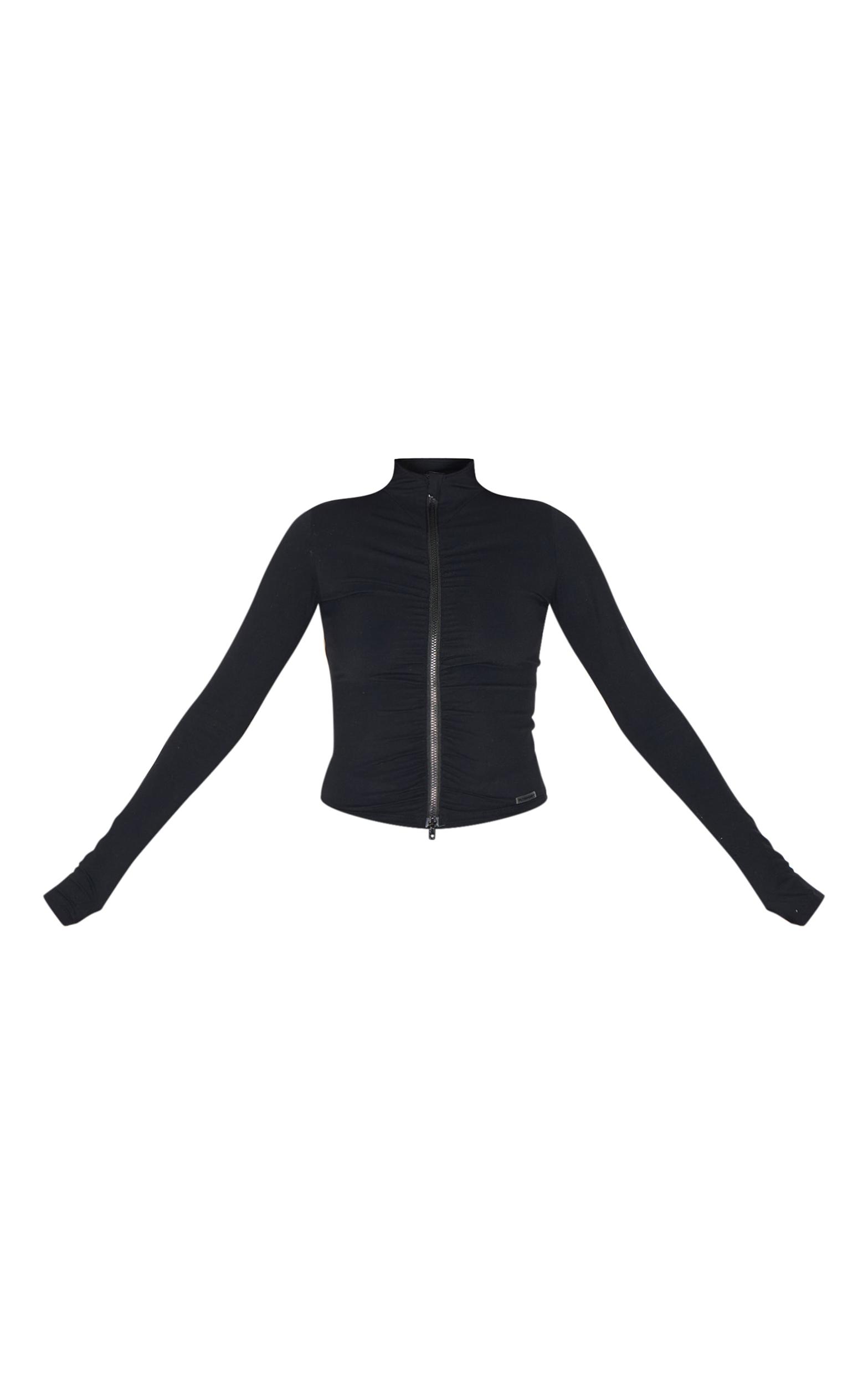 Black Brushed Sculpt Ruched Front Zip Up Sport Jacket Product Image