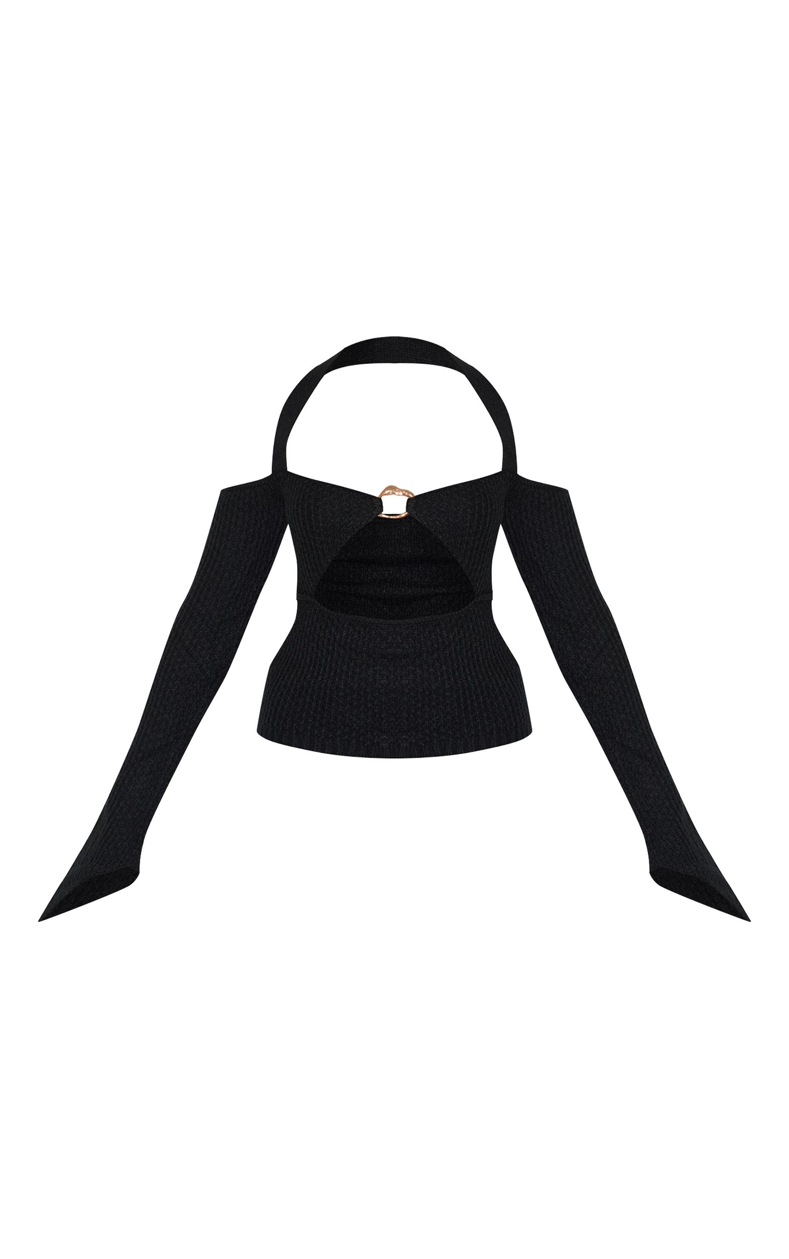 Black Bardot Halterneck Gold Trim Cross Stitch Knitted Top Product Image