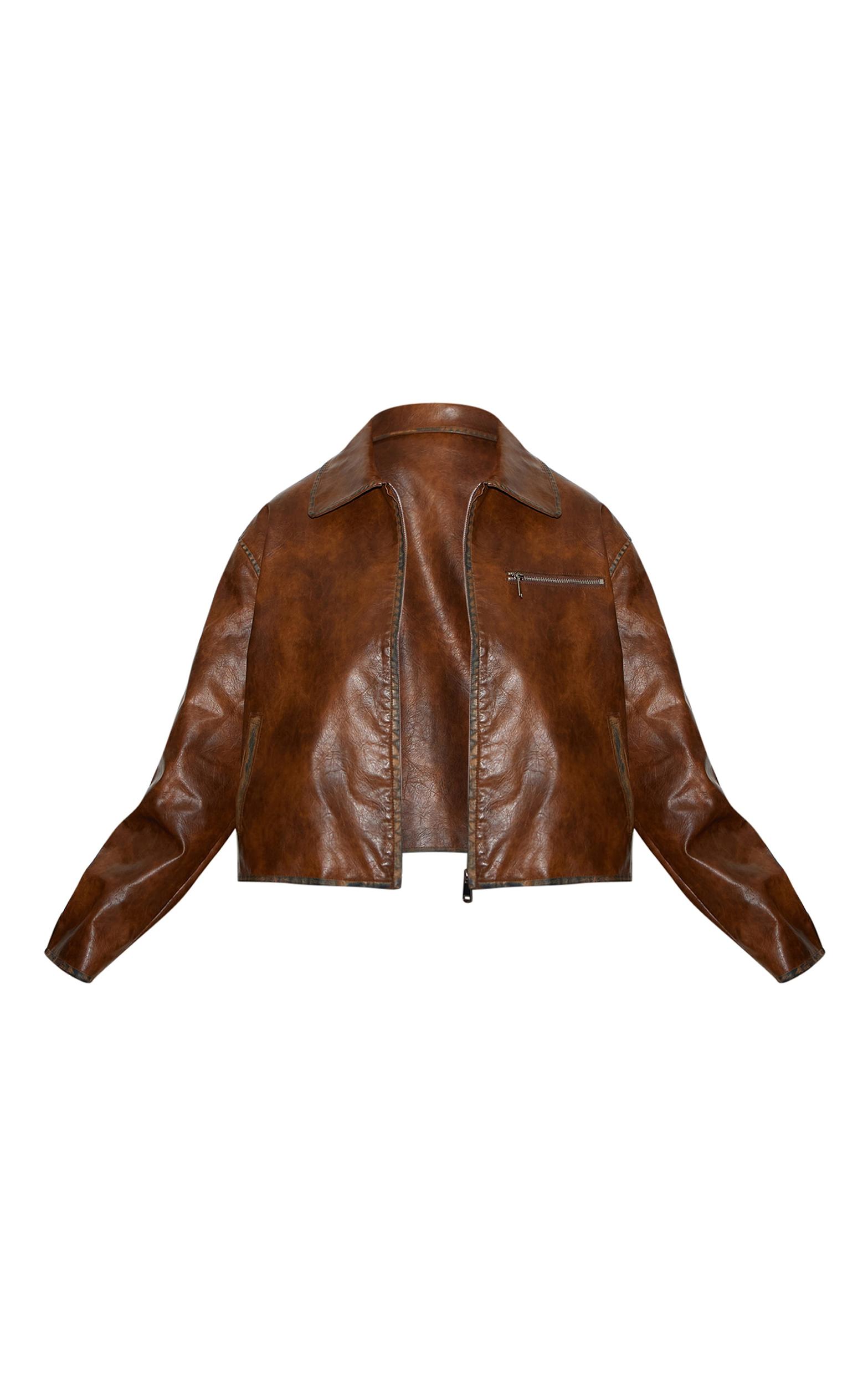 Plus Brown Zip Up Faux Leather Jacket Product Image